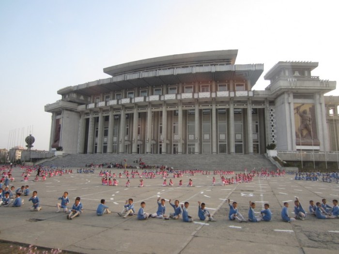 Kids practicing for the Mass Games in front of Hamhumg Grand Theatre