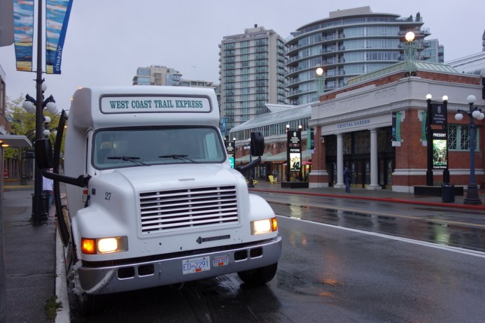 The 6am West Coast Trail "Express" bus departing from rainy Victoria - May 2013