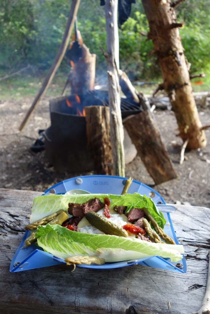 Dinner - lettuce wraps with fire-cooked steak, polenta, sundried tomatoes, and picked asparagus