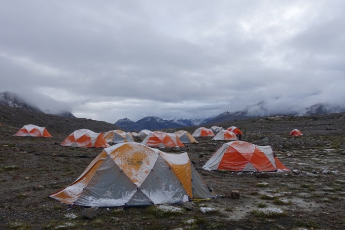 Fresh snow and hail sticks to our tents