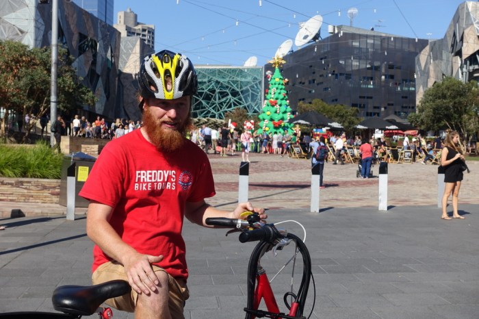 Checking out the "5th ugliest building in the world" at Federation Square