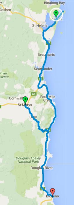 Map of Day 1+2 cycling in Tasmania