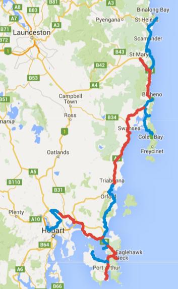 Map of Day 1-11 cycling in Tasmania