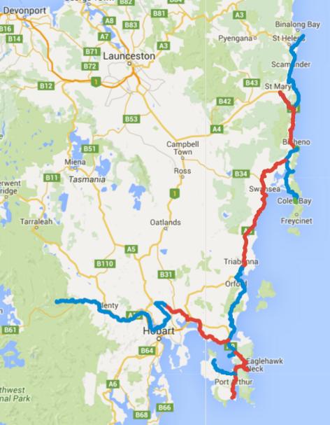 Map of Day 1-14 cycling in Tasmania. Alternating days are coloured blue and red