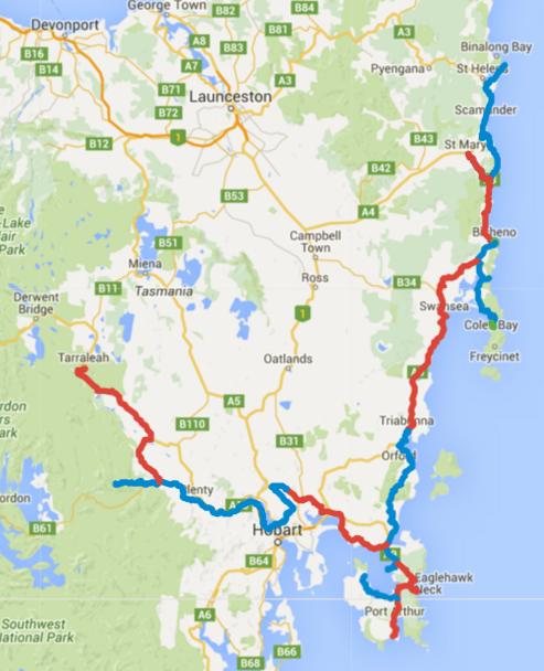 Map of Day 1-15 cycling in Tasmania. Alternating days are coloured blue and red