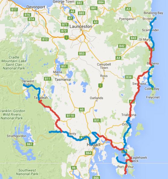Map of Day 1-16 cycling in Tasmania. Alternating days are coloured blue and red