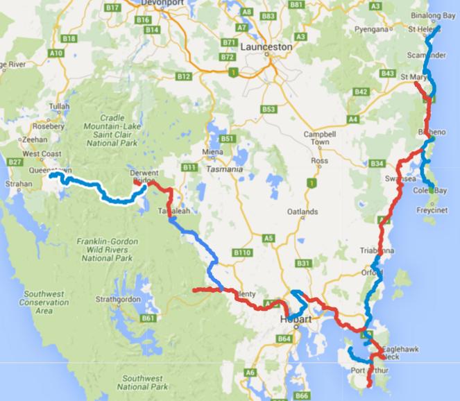 Map of Day 1-17 cycling in Tasmania. Alternating days are in blue and red