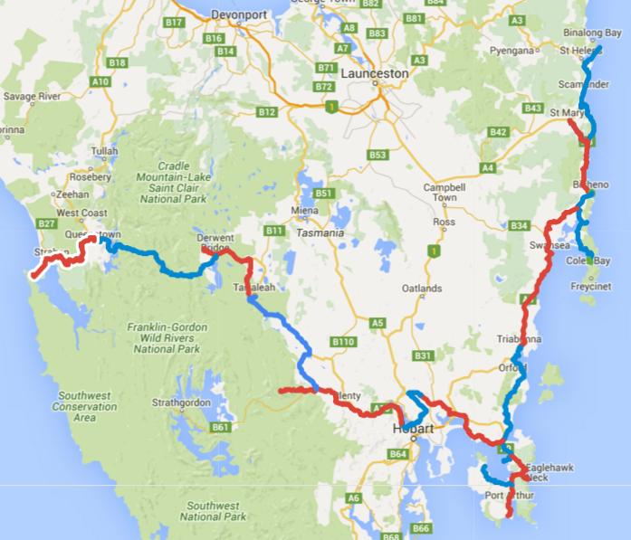 Map of Day 1-20 cycling in Tasmania. Alternating days are coloured blue and red