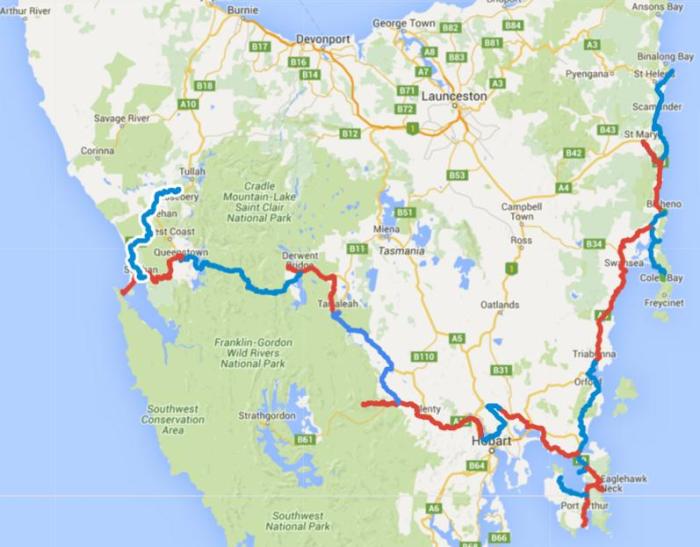 Map of Day 1-21 cycling in Tasmania. Alternating days are coloured blue and red