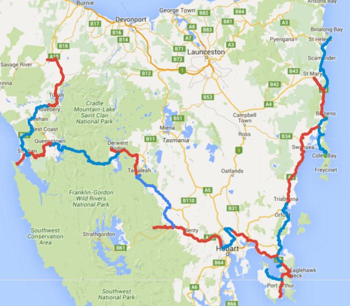 Map of Day 1-22 cycling in Tasmania. Alternating days are coloured blue and red