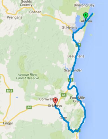 Map of Day 1 cycling in Tasmania