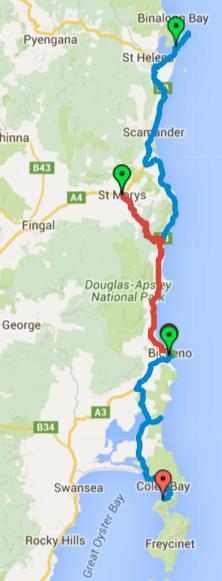 Map of Day 1-3 cycling in Tasmania