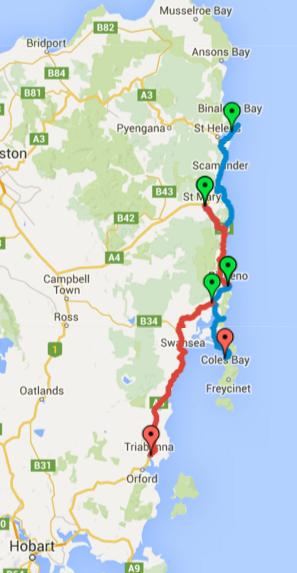 Map of Day 1-4 cycling in Tasmania