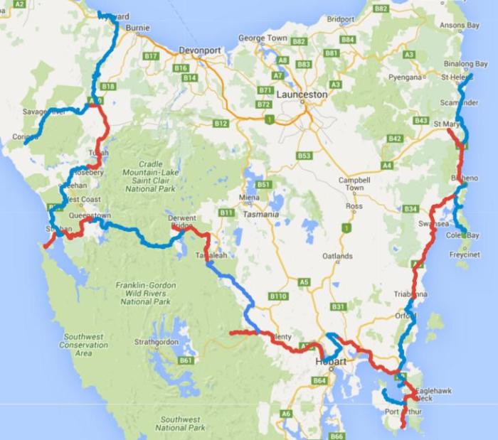 Map of Day 1-25 cycling in Tasmania. Alternating days are coloured blue and red