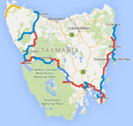 Map of Day 1-26 cycling in Tasmania. Alternating days are coloured blue and red, today is yellow.