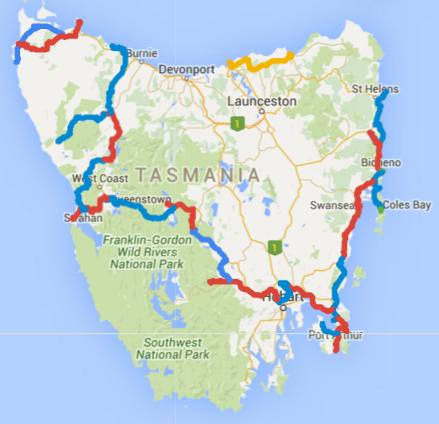 Map of Day 1-30 cycling in Tasmania. Alternating days are coloured blue and red. Today is yellow.