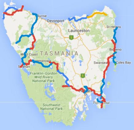 Map of Day 1-31 cycling in Tasmania. Alternating days are coloured blue and red. Today is yellow.