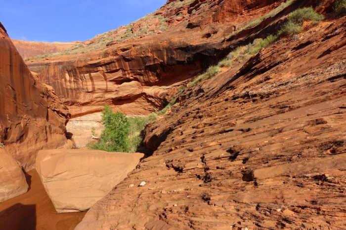 Gently cross this slickrock to get around the boulder choke