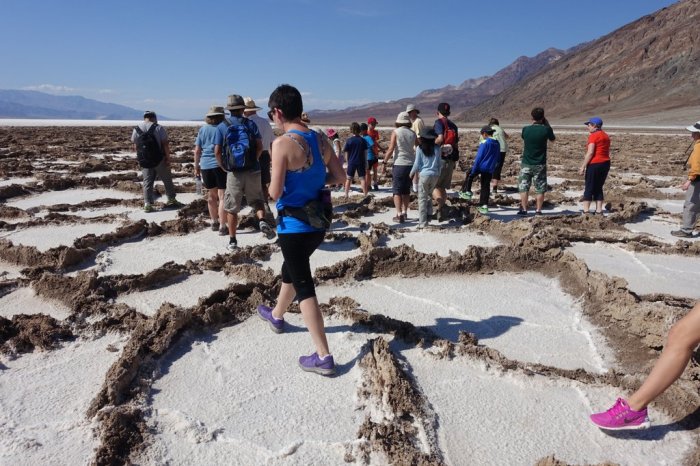 April - salt cracks form octagon shapes in Death Valley's Badwater Basin, the lowest point of North America