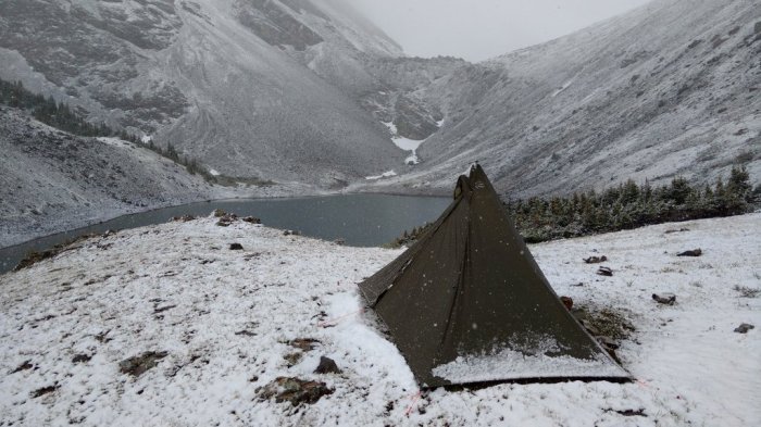 June - caught in a snowstorm while traversing off-trail through the front ranges of the Rockies